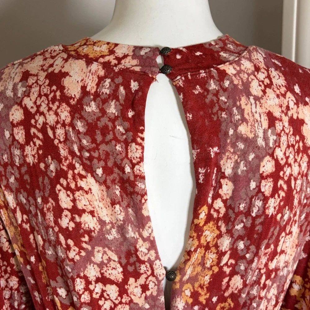 Free People Heartbeats Red Mini Dress Long Sleeve Rust Floral Mini Boho Sz M